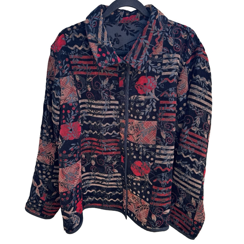 Vintage Grannycore Boho Artsy Floral Tapestry Reversible Patchwork Jacket 2XL