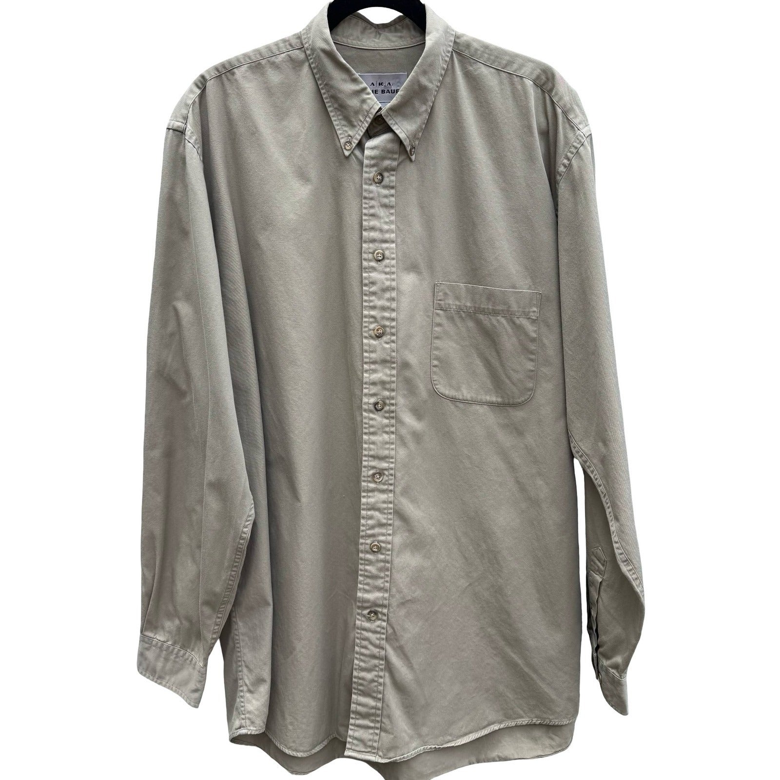 Eddie Bauer AKA Vintage Mens Khaki Tan Cotton Twill Button Down Shirt 17 36/37