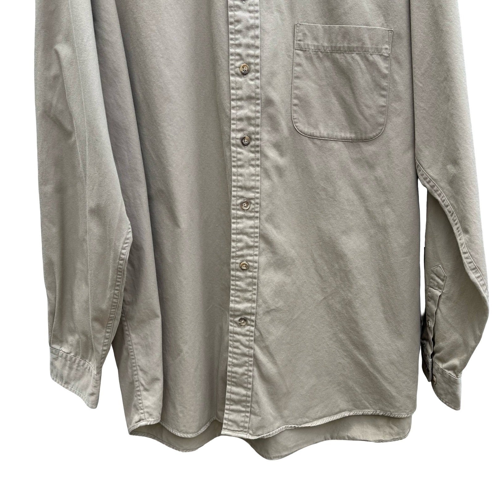Eddie Bauer AKA Vintage Mens Khaki Tan Cotton Twill Button Down Shirt 17 36/37