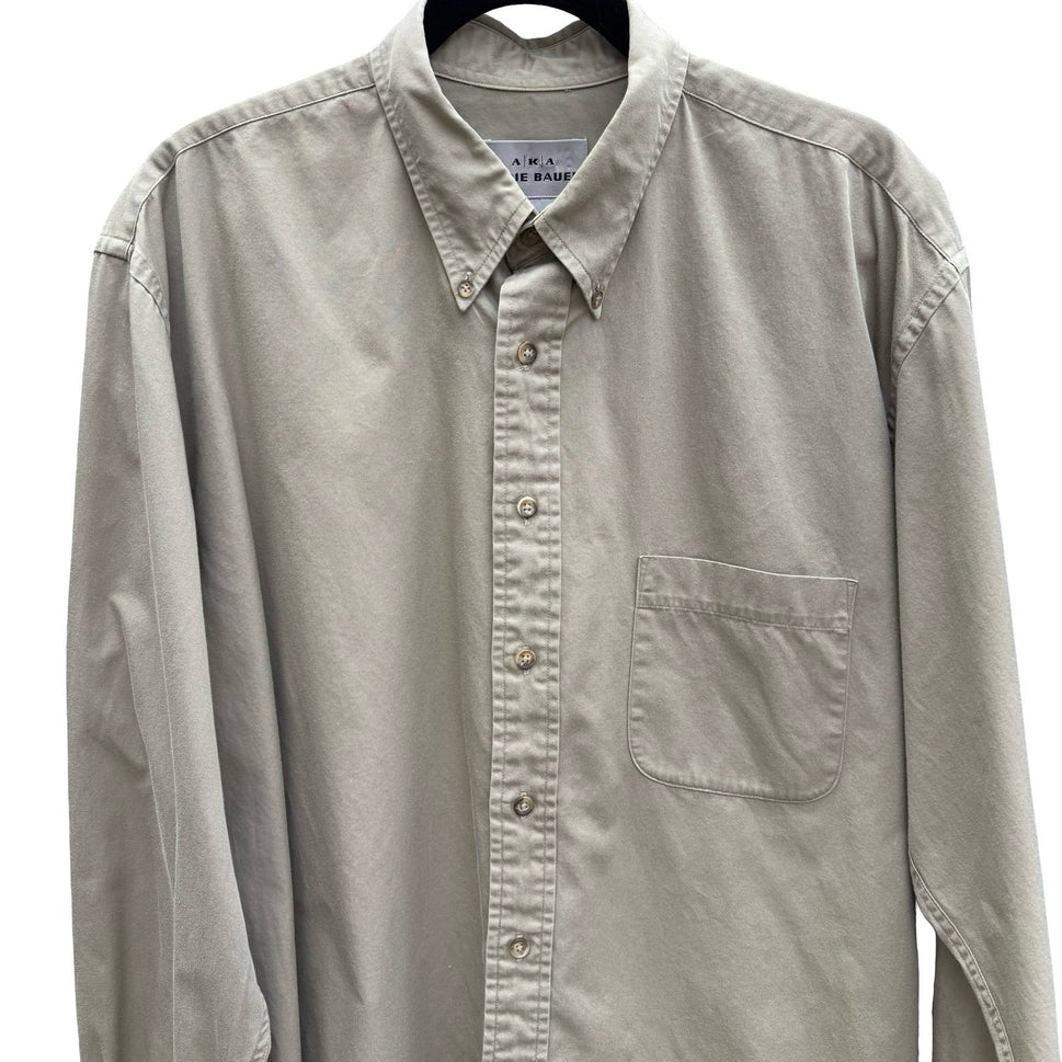 Eddie Bauer AKA Vintage Mens Khaki Tan Cotton Twill Button Down Shirt 17 36/37