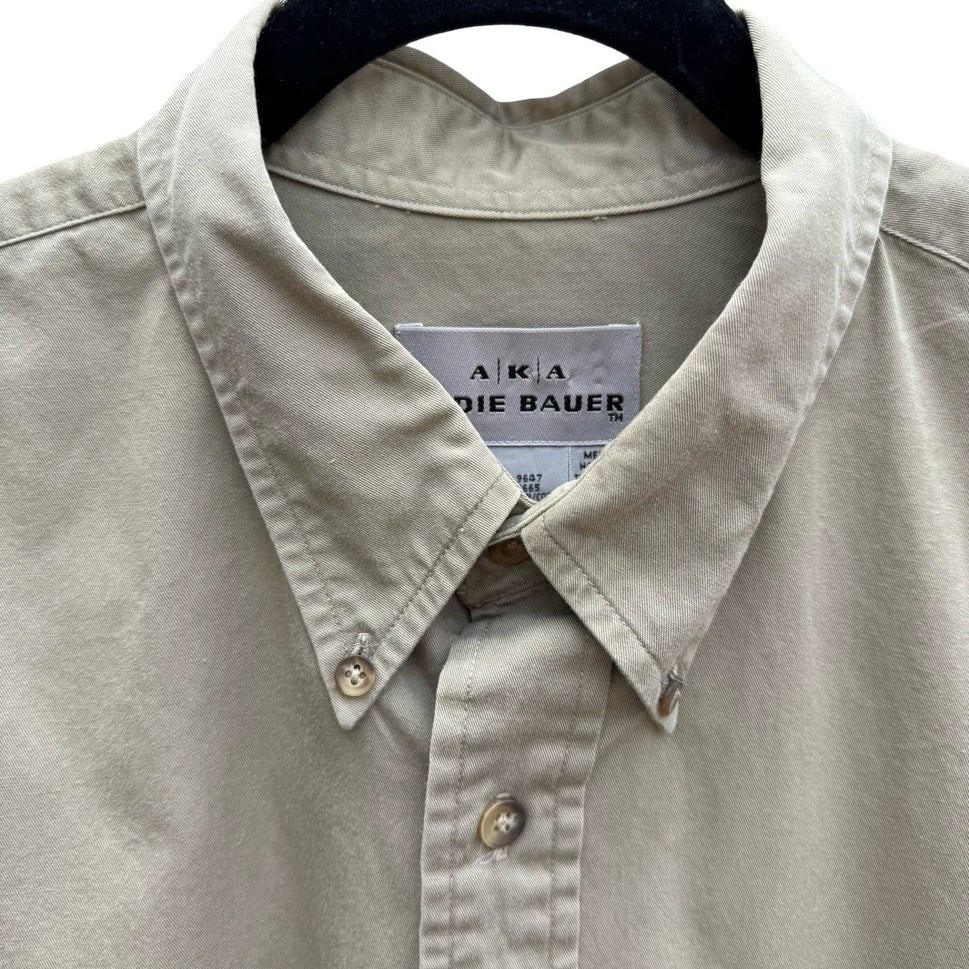 Eddie Bauer AKA Vintage Mens Khaki Tan Cotton Twill Button Down Shirt 17 36/37