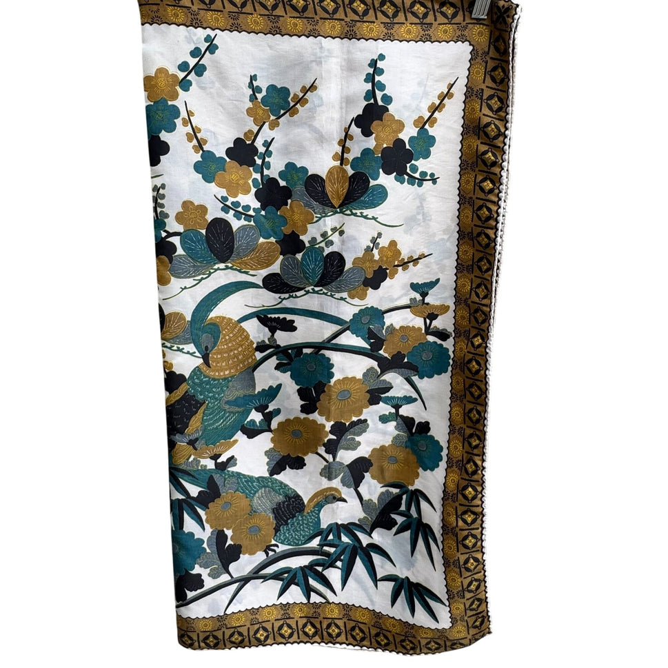 Vintage Floral & Bird Patterned Bamboo Square Handstitched Scarf Wrap Shawl OS