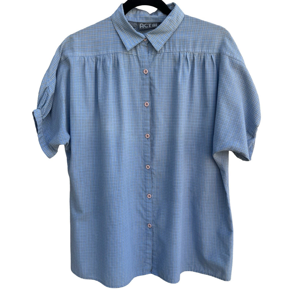 ACT III Vintage 80s Blue Plaid Button Shirt Gathered Yoke 16 Coastal Grandma