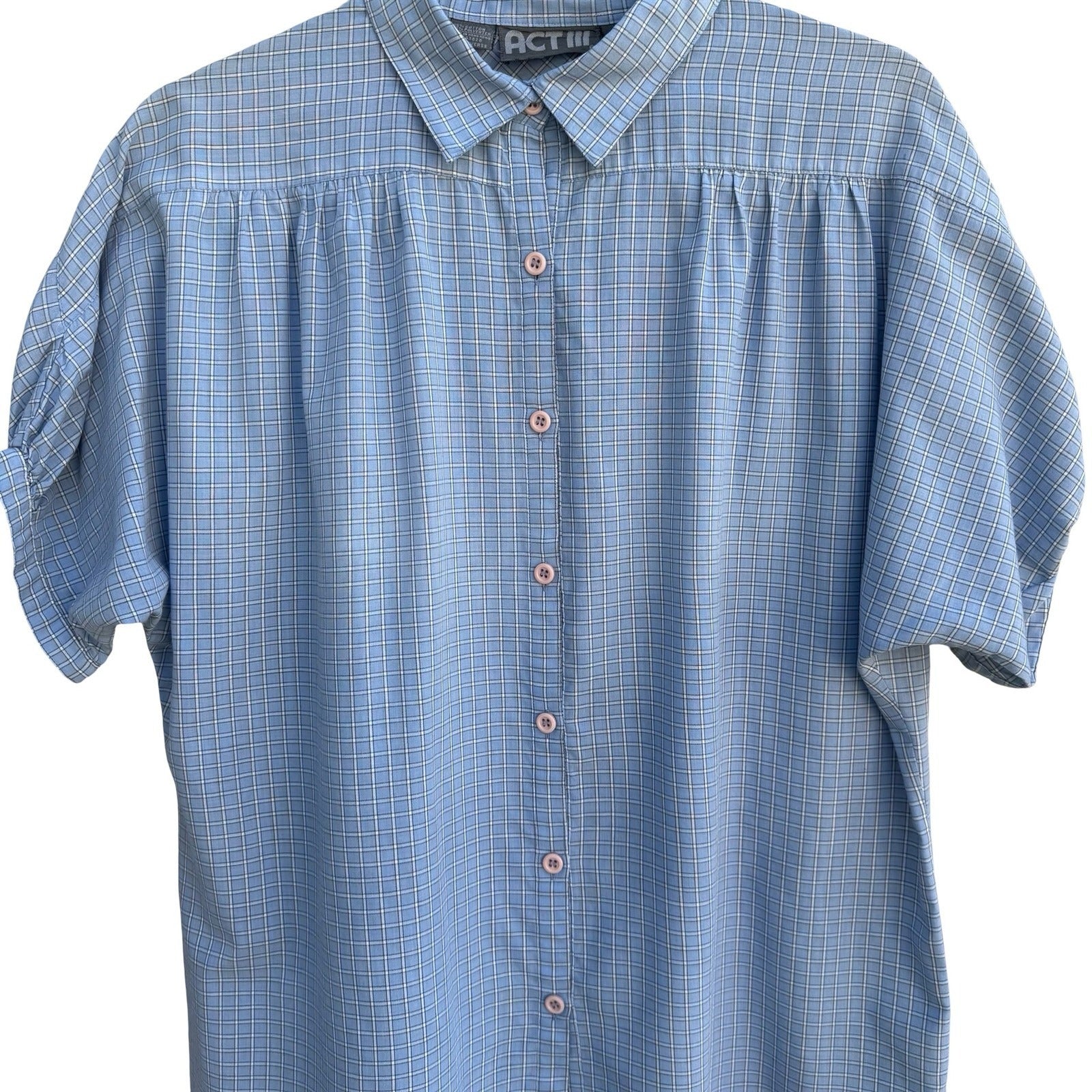 ACT III Vintage 80s Blue Plaid Button Shirt Gathered Yoke 16 Coastal Grandma