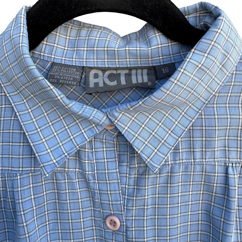 ACT III Vintage 80s Blue Plaid Button Shirt Gathered Yoke 16 Coastal Grandma