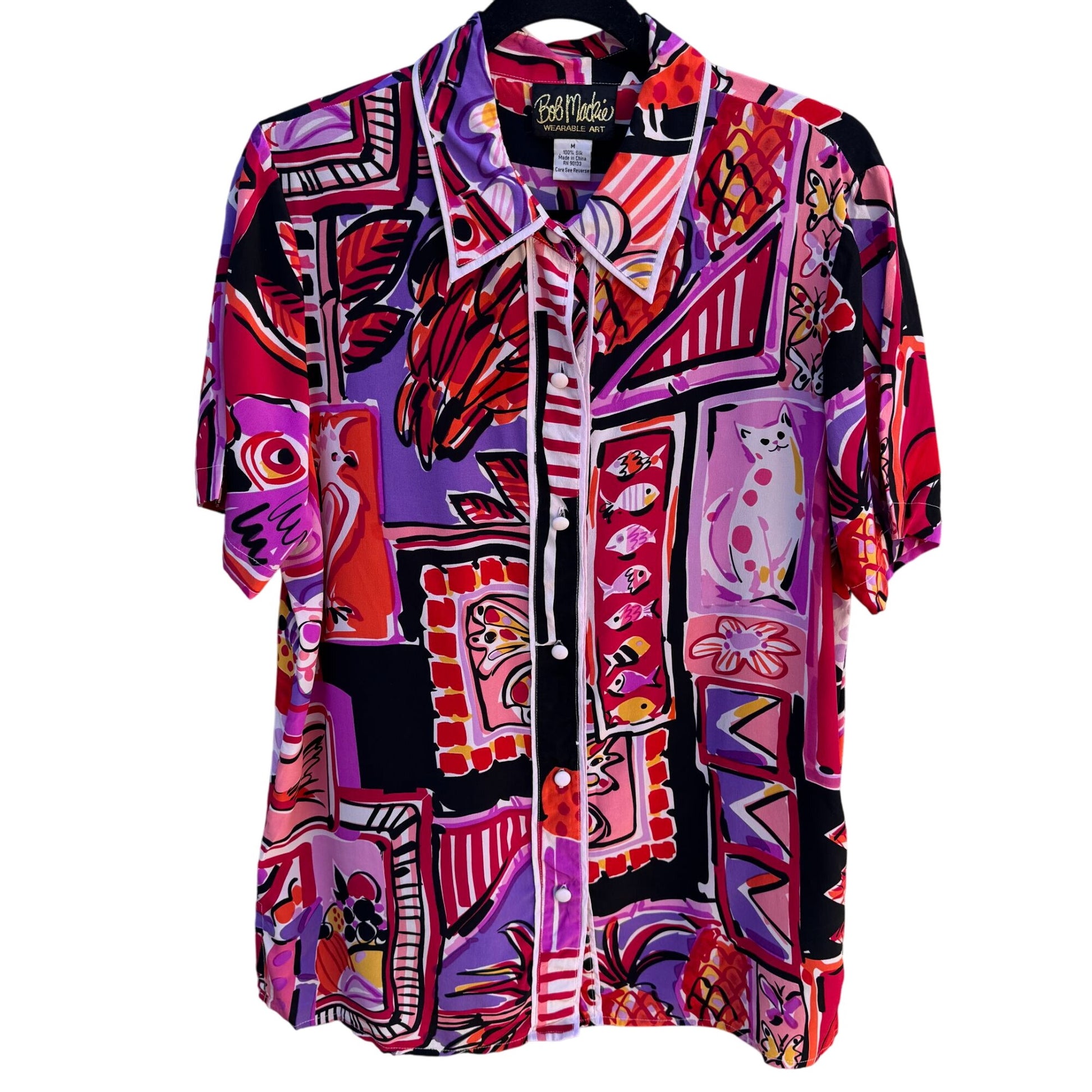 Bob Mackie Wearable Art Vintage Silk Vibrant Cat Bird Fish Print Shirt Blouse M