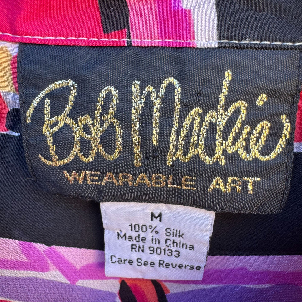 Bob Mackie Wearable Art Vintage Silk Vibrant Cat Bird Fish Print Shirt Blouse M