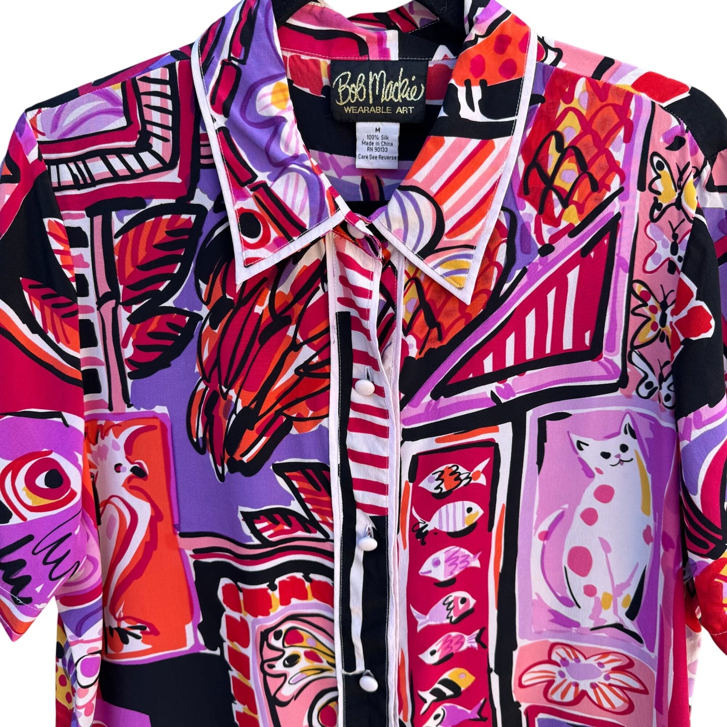 Bob Mackie Wearable Art Vintage Silk Vibrant Cat Bird Fish Print Shirt Blouse M