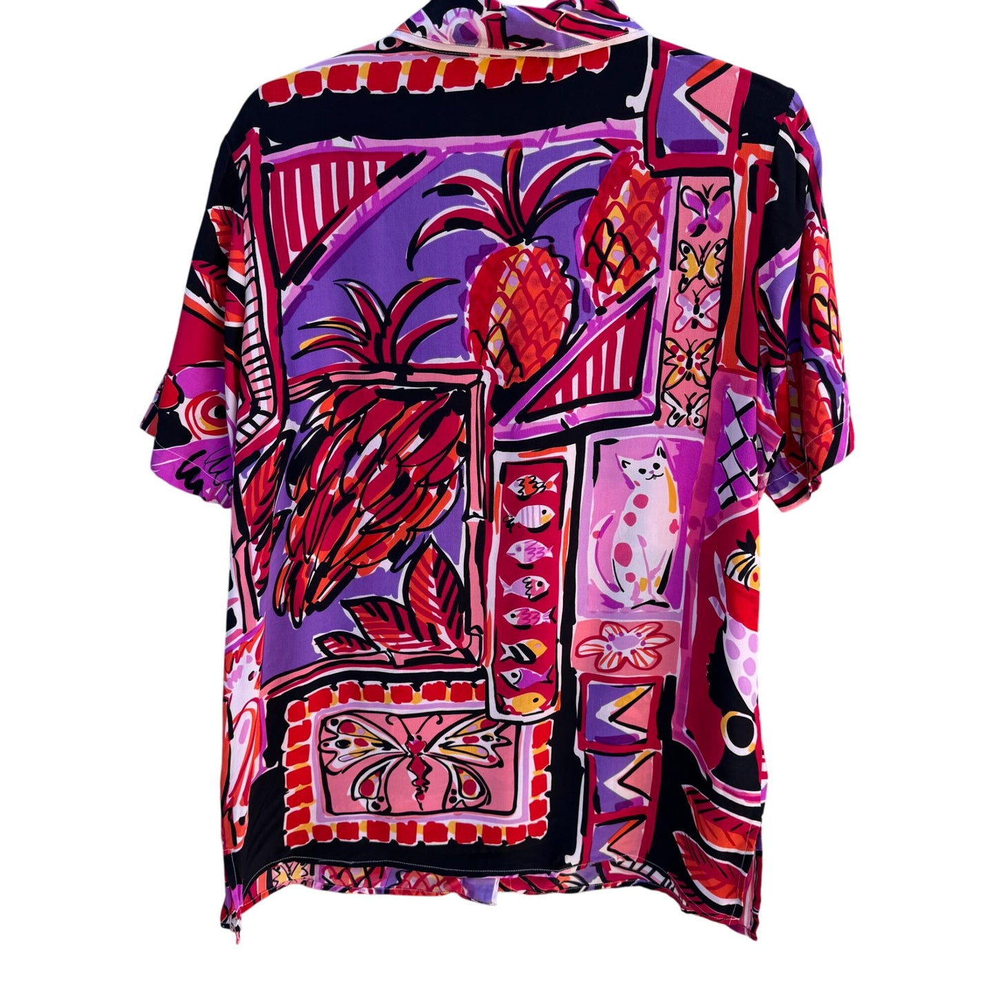Bob Mackie Wearable Art Vintage Silk Vibrant Cat Bird Fish Print Shirt Blouse M