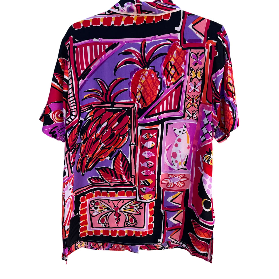 Bob Mackie Wearable Art Vintage Silk Vibrant Cat Bird Fish Print Shirt Blouse M