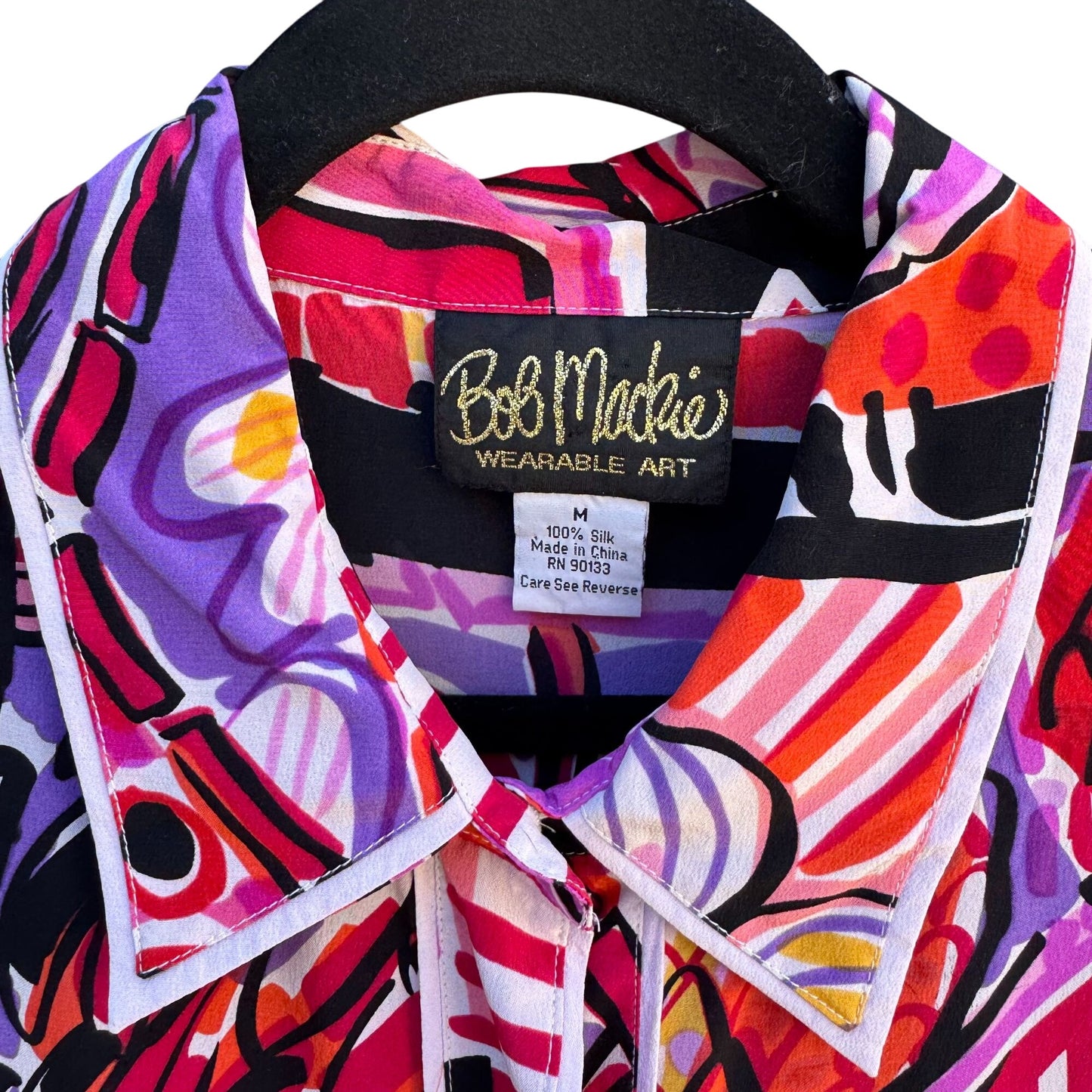 Bob Mackie Wearable Art Vintage Silk Vibrant Cat Bird Fish Print Shirt Blouse M