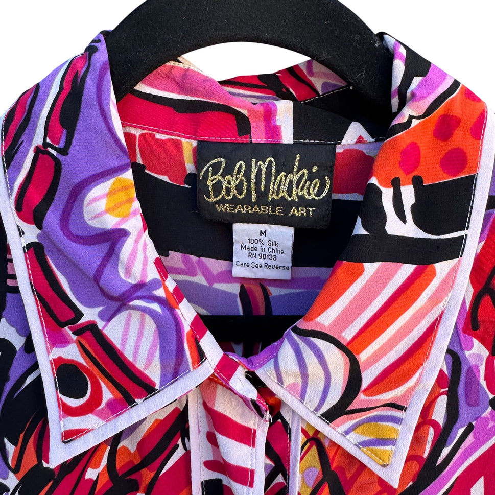 Bob Mackie Wearable Art Vintage Silk Vibrant Cat Bird Fish Print Shirt Blouse M