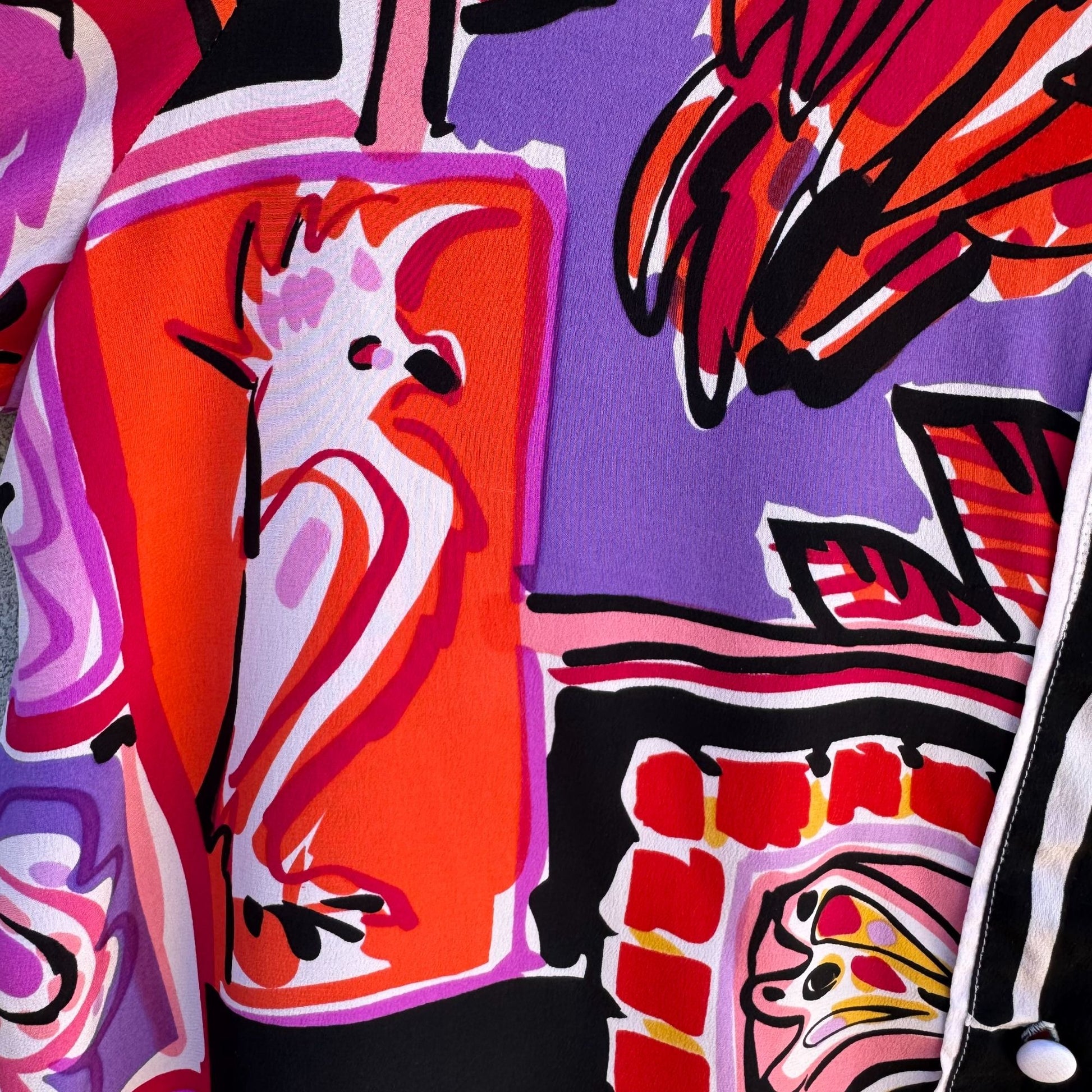 Bob Mackie Wearable Art Vintage Silk Vibrant Cat Bird Fish Print Shirt Blouse M