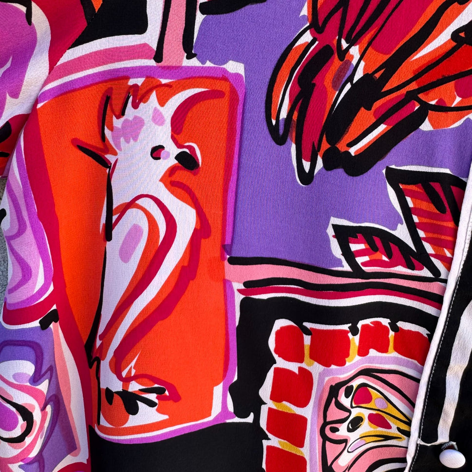 Bob Mackie Wearable Art Vintage Silk Vibrant Cat Bird Fish Print Shirt Blouse M