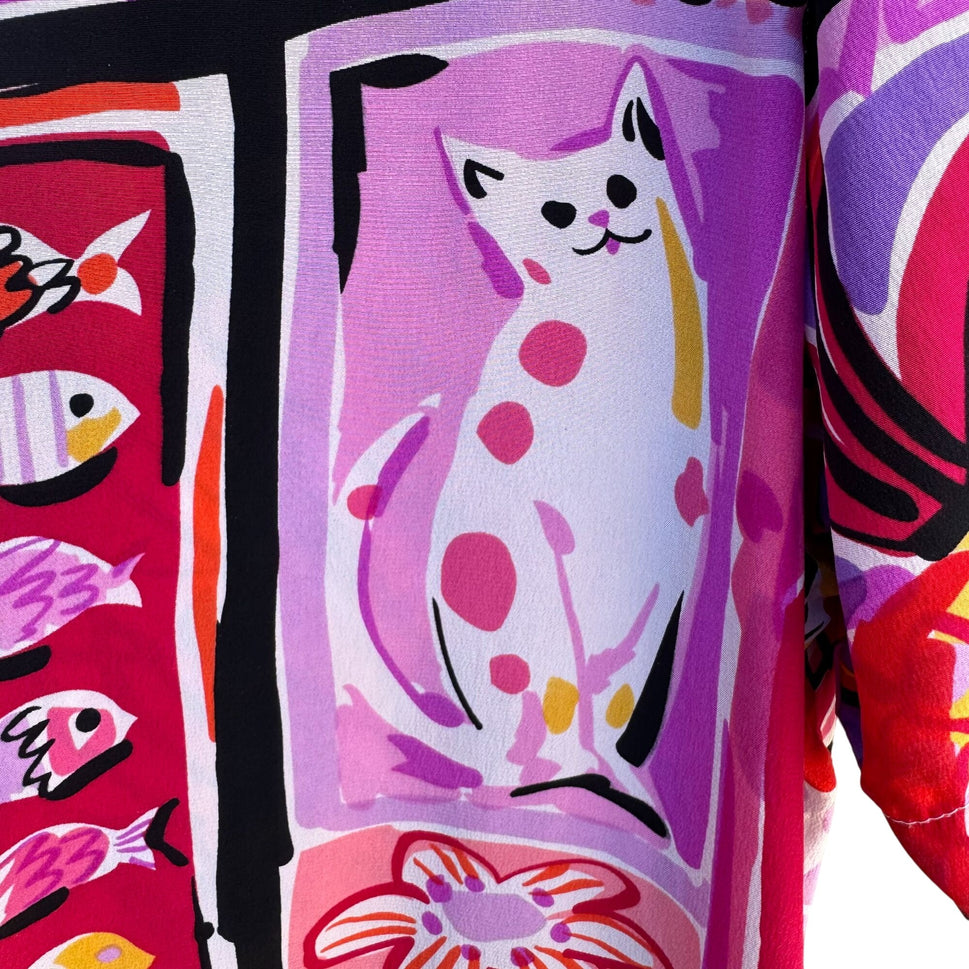 Bob Mackie Wearable Art Vintage Silk Vibrant Cat Bird Fish Print Shirt Blouse M