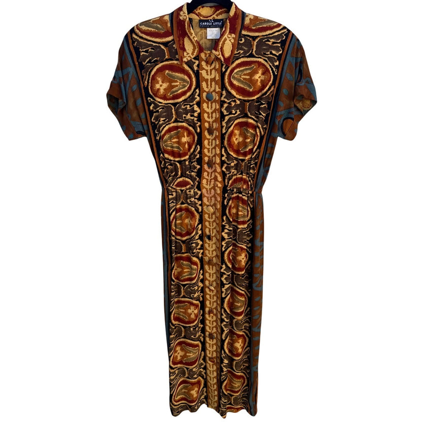 Carole Little Vintage Petite Maxi Dress Womens 4 Abstract Tribal Retro Button Up