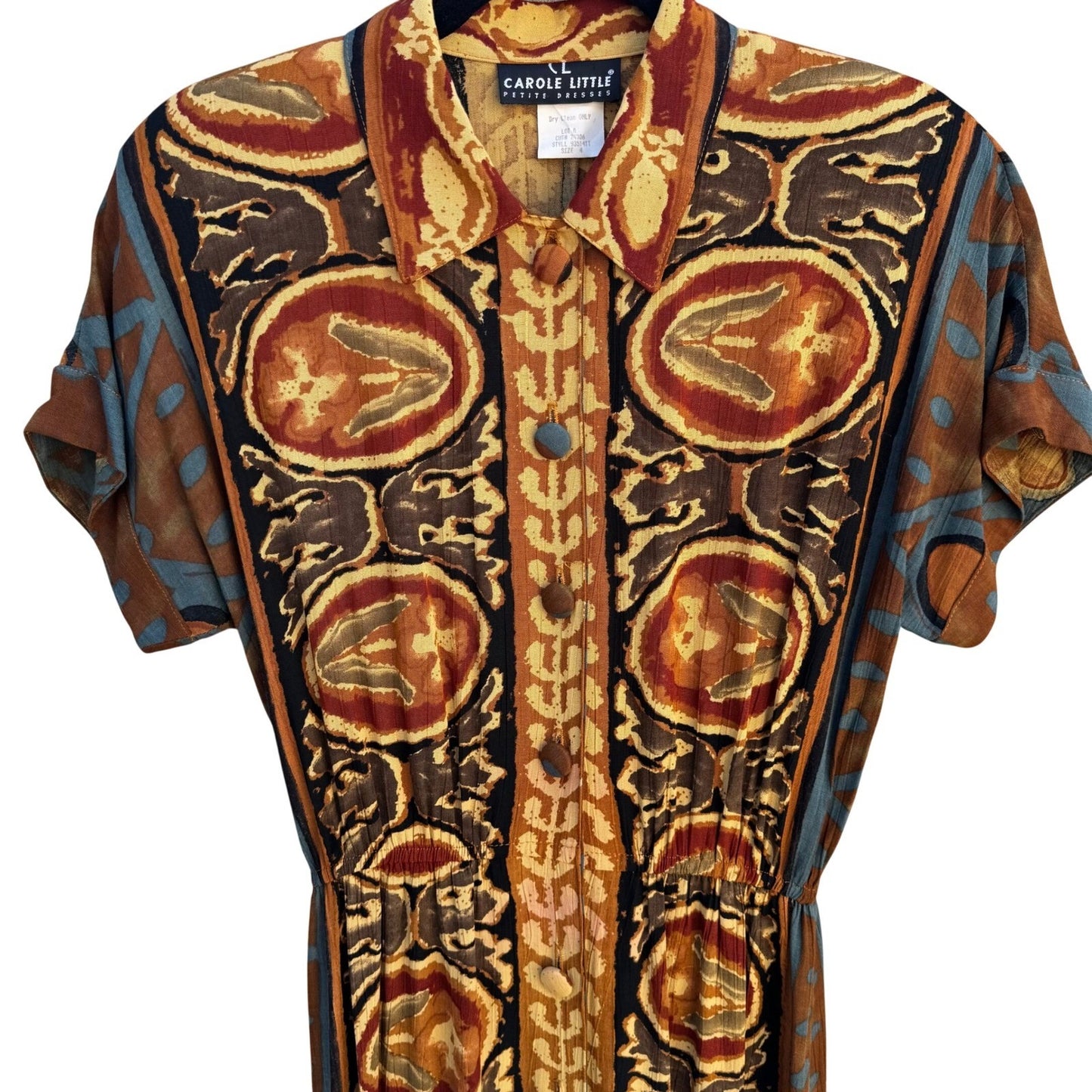 Carole Little Vintage Petite Maxi Dress Womens 4 Abstract Tribal Retro Button Up