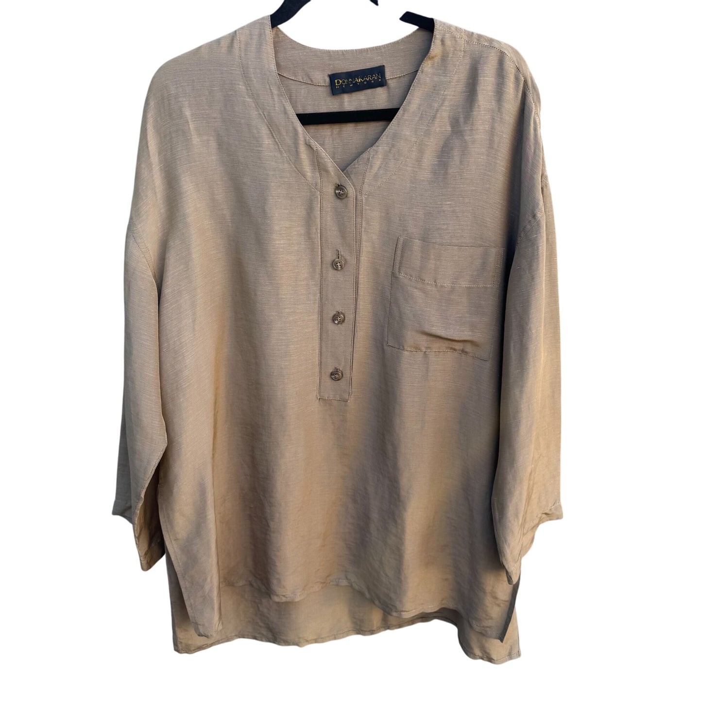 Donna Karan New York Vintage Linen Silk Blend Beige Long-Sleeve Tunic Blouse Shirt