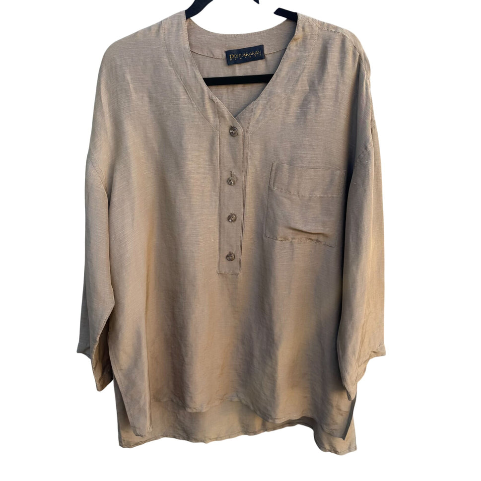 Donna Karan New York Vintage Linen Silk Blend Beige Long-Sleeve Tunic Blouse Shirt