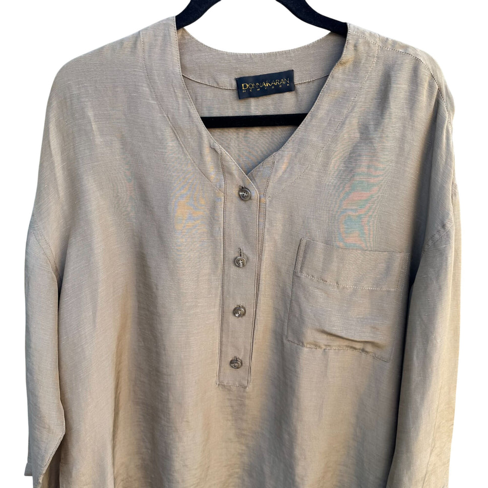 Donna Karan New York Vintage Linen Silk Blend Beige Long-Sleeve Tunic Blouse Shirt