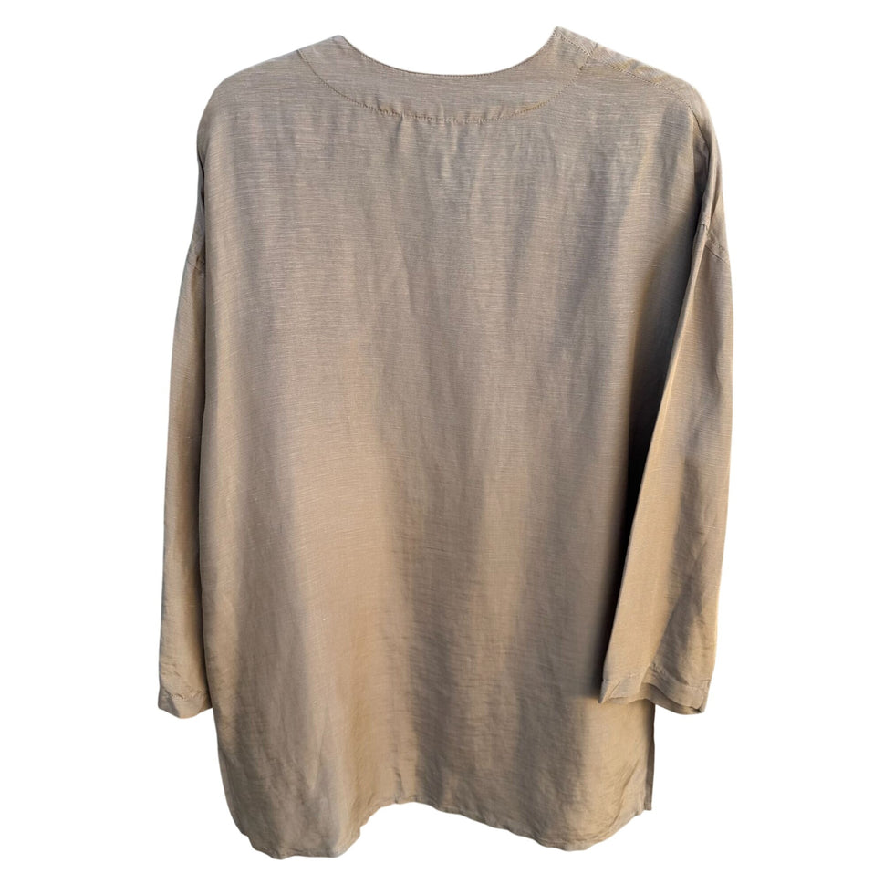 Donna Karan New York Vintage Linen Silk Blend Beige Long-Sleeve Tunic Blouse Shirt