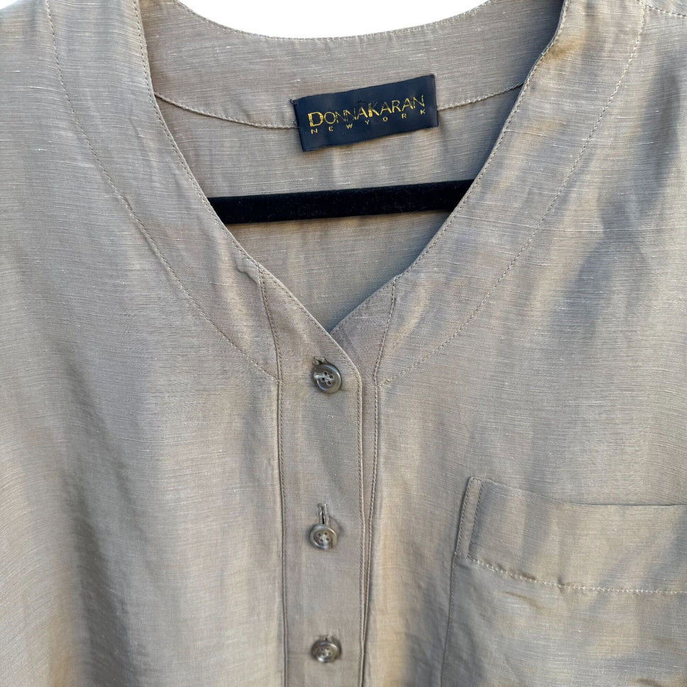 Donna Karan New York Vintage Linen Silk Blend Beige Long-Sleeve Tunic Blouse Shirt