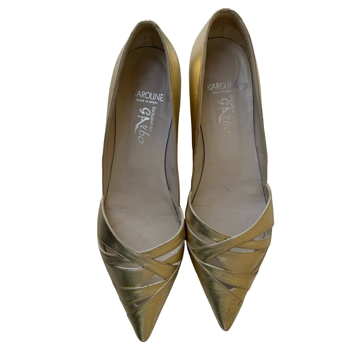 Karoline Vintage Leather Strappy Pointed Toe Kitten Heel Pumps Gold Womens 41