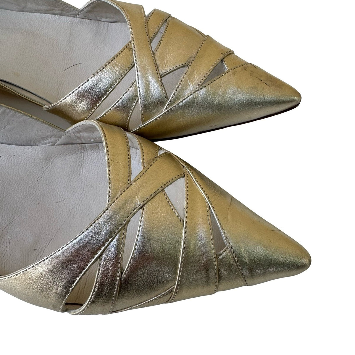 Karoline Vintage Leather Strappy Pointed Toe Kitten Heel Pumps Gold Womens 41