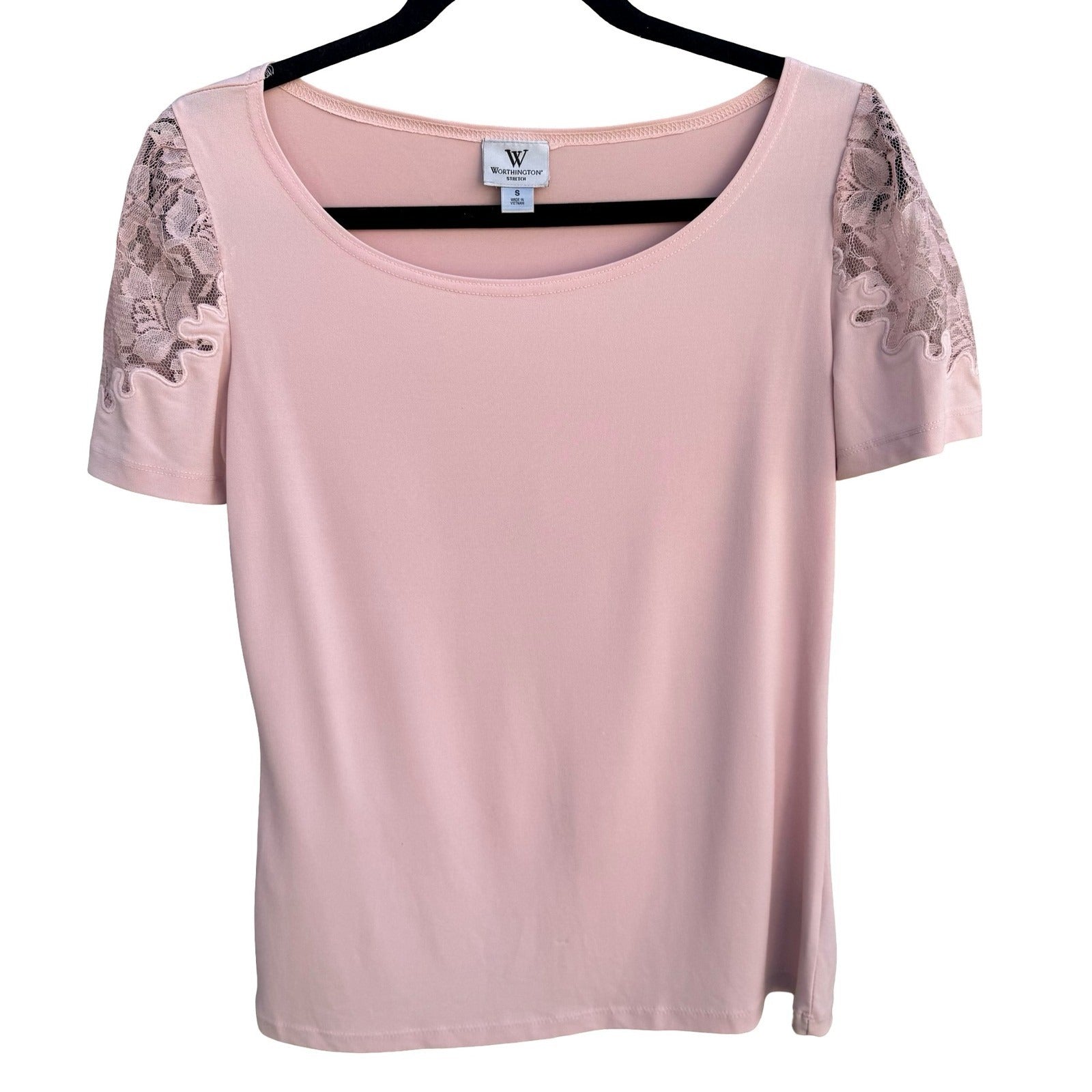 Worthington Pastel Pink Lace Shoulder Scoop Neck Short Sleeve Top Small Coquette