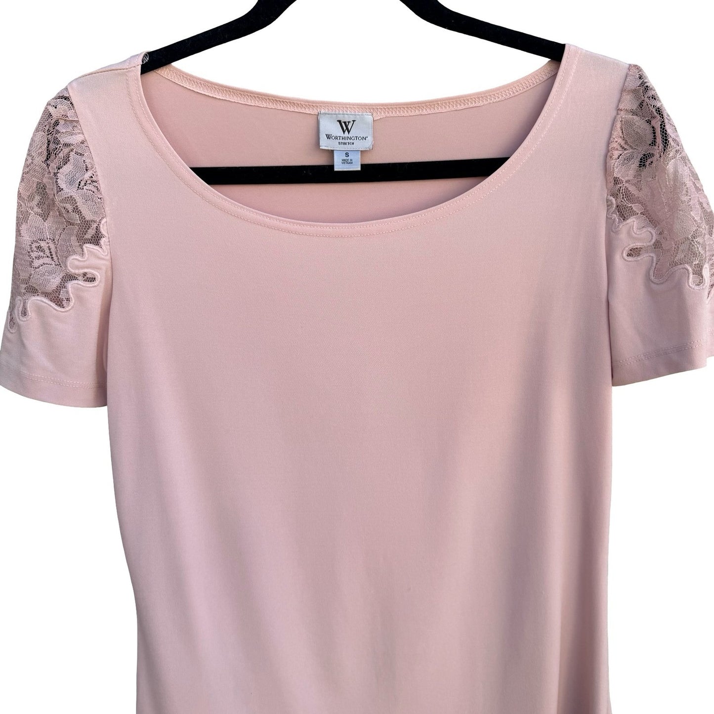 Worthington Pastel Pink Lace Shoulder Scoop Neck Short Sleeve Top Small Coquette