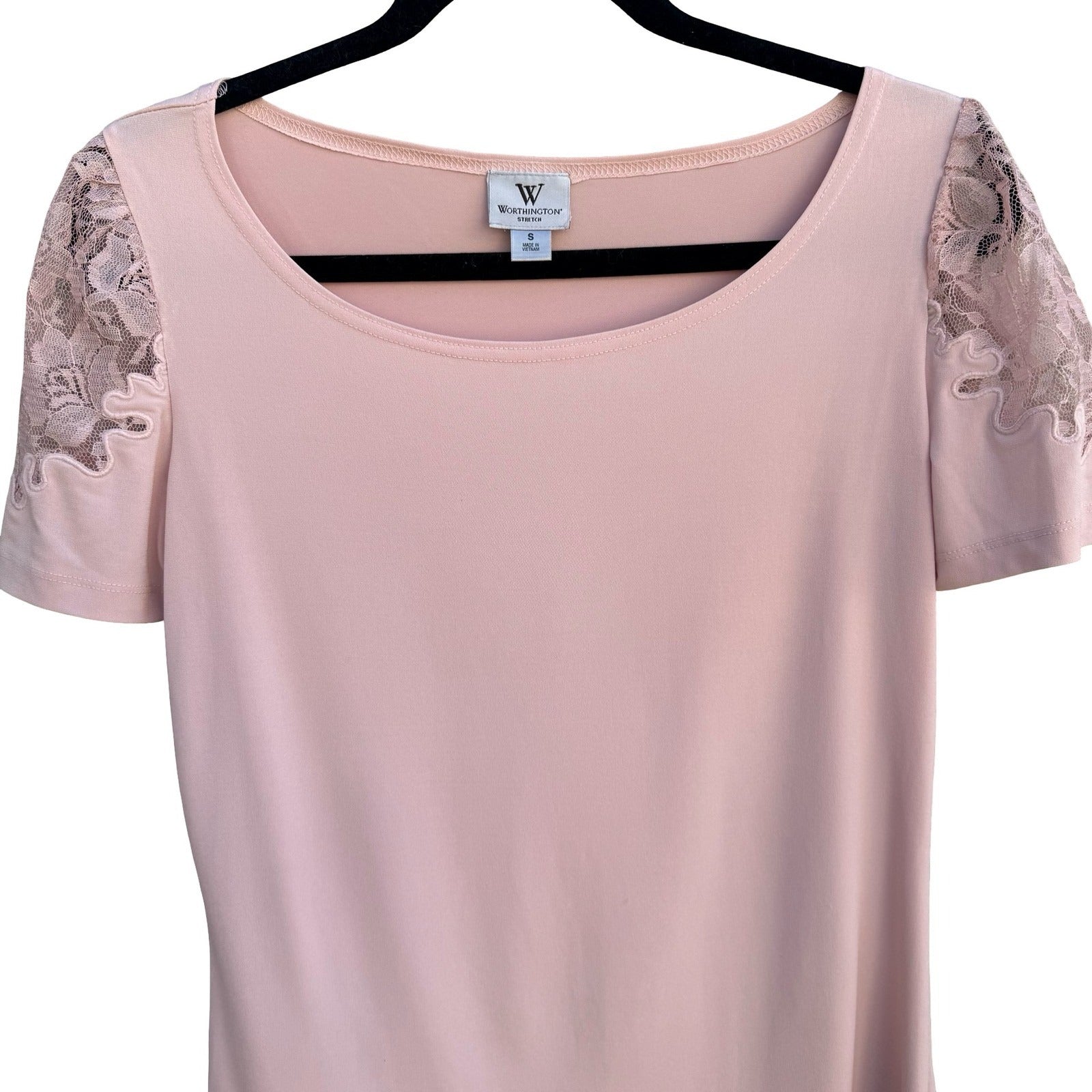 Worthington Pastel Pink Lace Shoulder Scoop Neck Short Sleeve Top Small Coquette