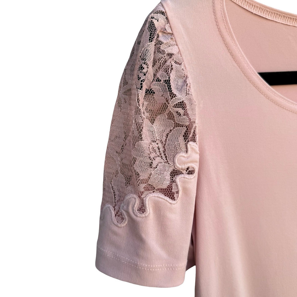 Worthington Pastel Pink Lace Shoulder Scoop Neck Short Sleeve Top Small Coquette