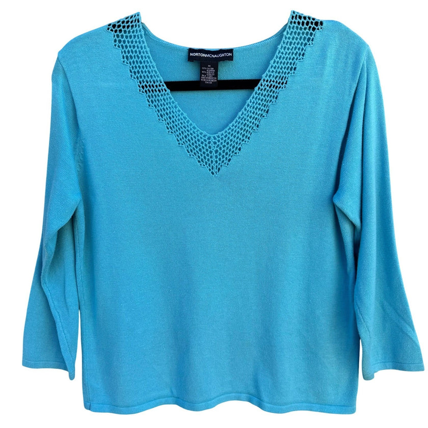 Norton McNaughton Womens Turquoise V-Neck Crochet Trim 3/4 Sleeve Knit Sweater M