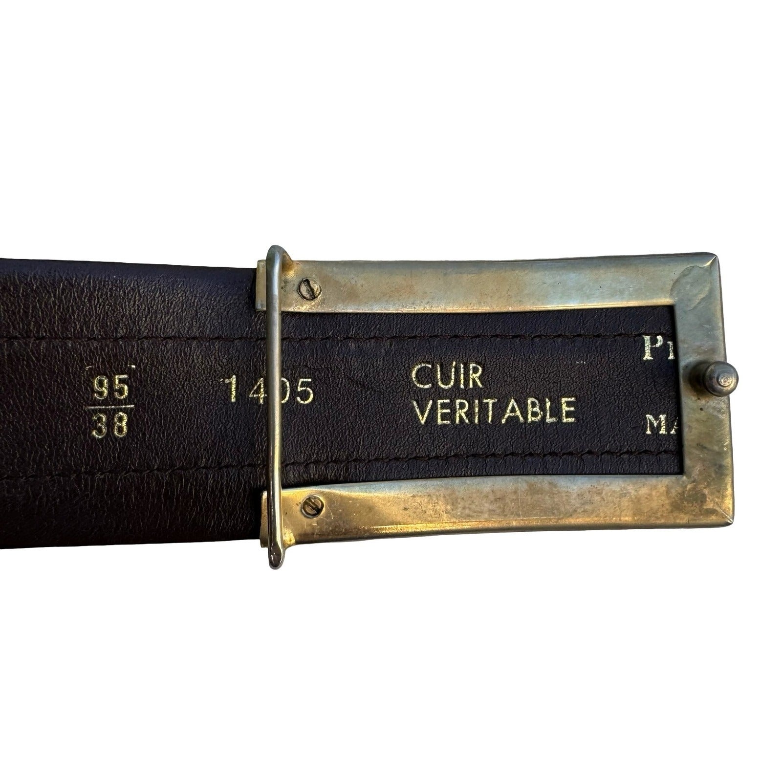 Brown Leather Suede Striped Belt 95 38 Silver Geometric Buckle Cuir Veritable
