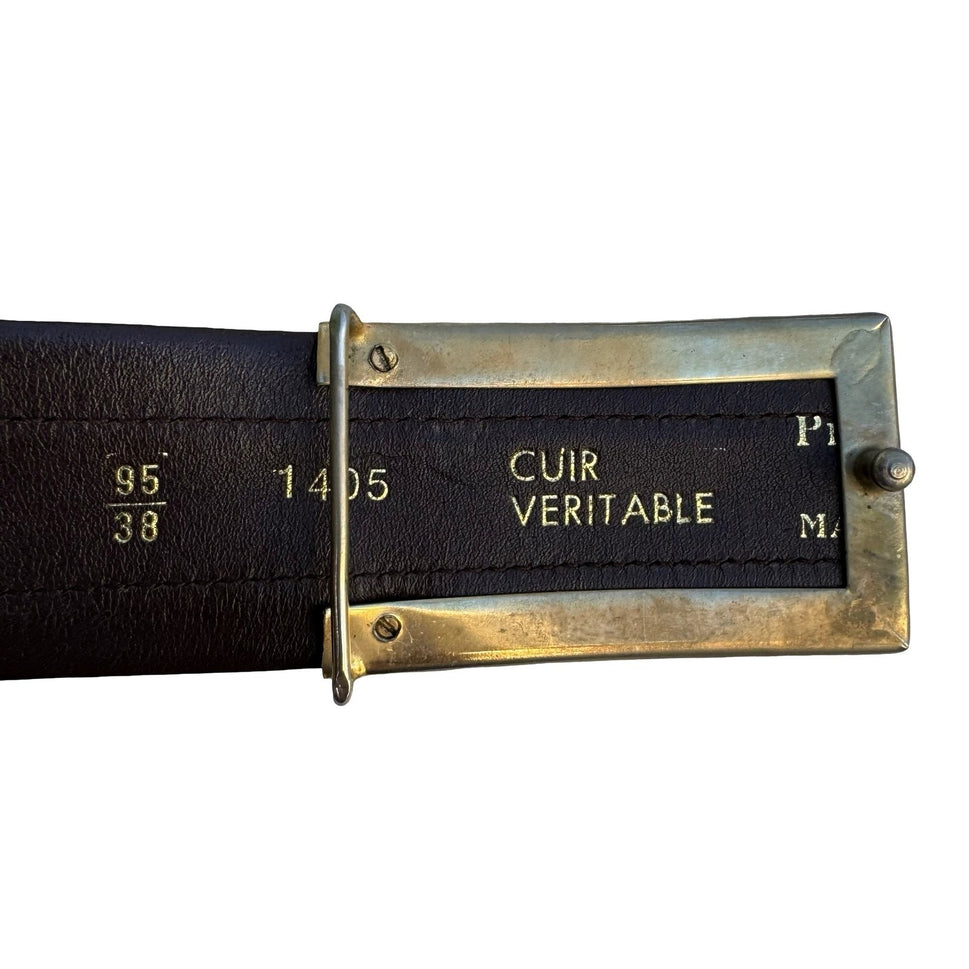 Brown Leather Suede Striped Belt 95 38 Silver Geometric Buckle Cuir Veritable