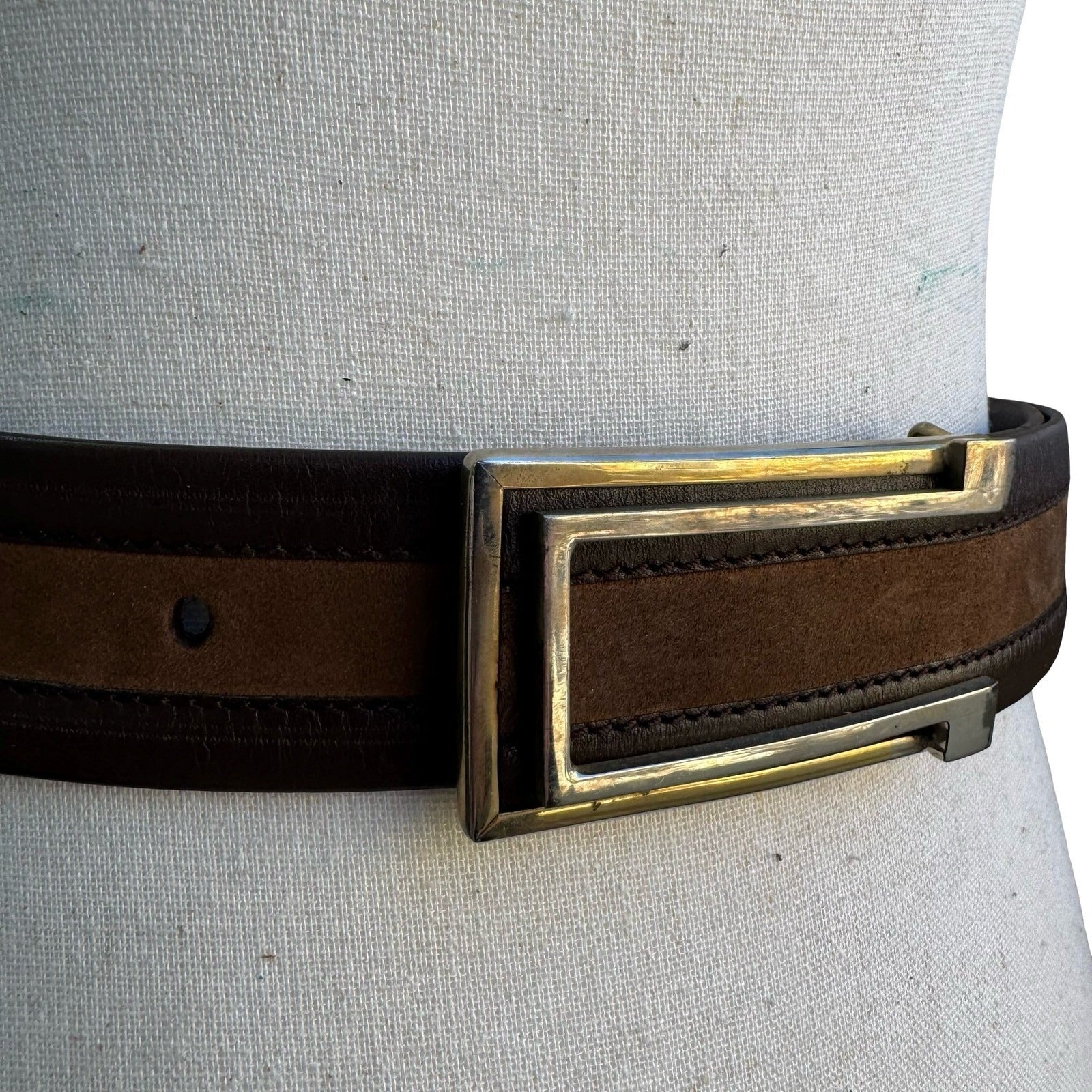 Brown Leather Suede Striped Belt 95 38 Silver Geometric Buckle Cuir Veritable