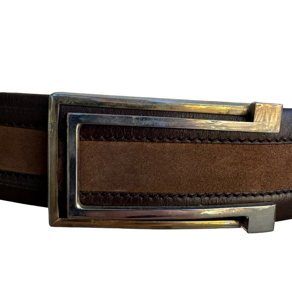Brown Leather Suede Striped Belt 95 38 Silver Geometric Buckle Cuir Veritable