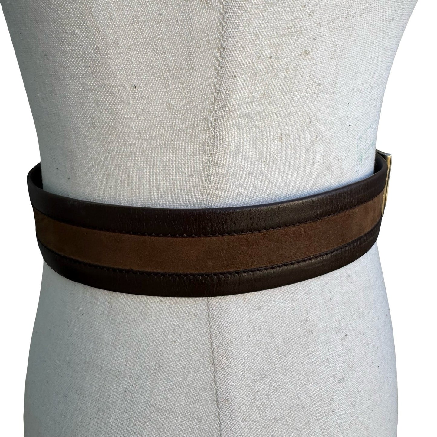 Brown Leather Suede Striped Belt 95 38 Silver Geometric Buckle Cuir Veritable