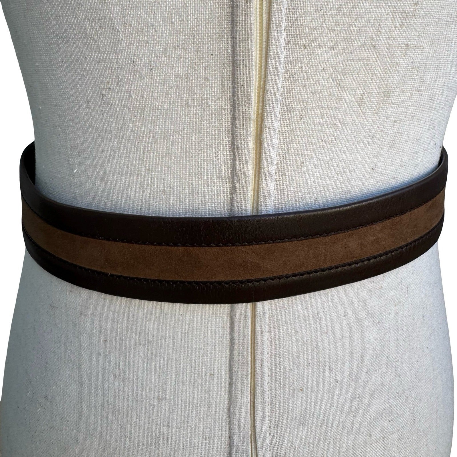 Brown Leather Suede Striped Belt 95 38 Silver Geometric Buckle Cuir Veritable