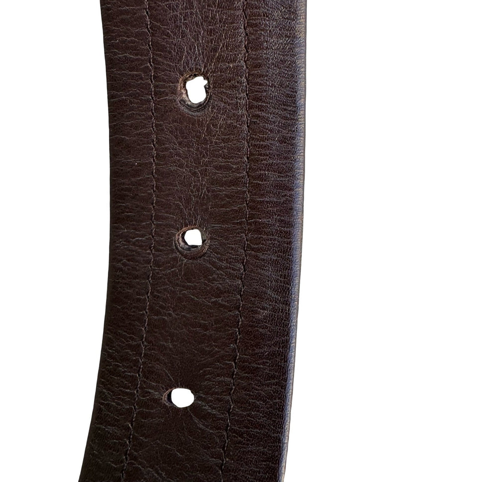 Brown Leather Suede Striped Belt 95 38 Silver Geometric Buckle Cuir Veritable