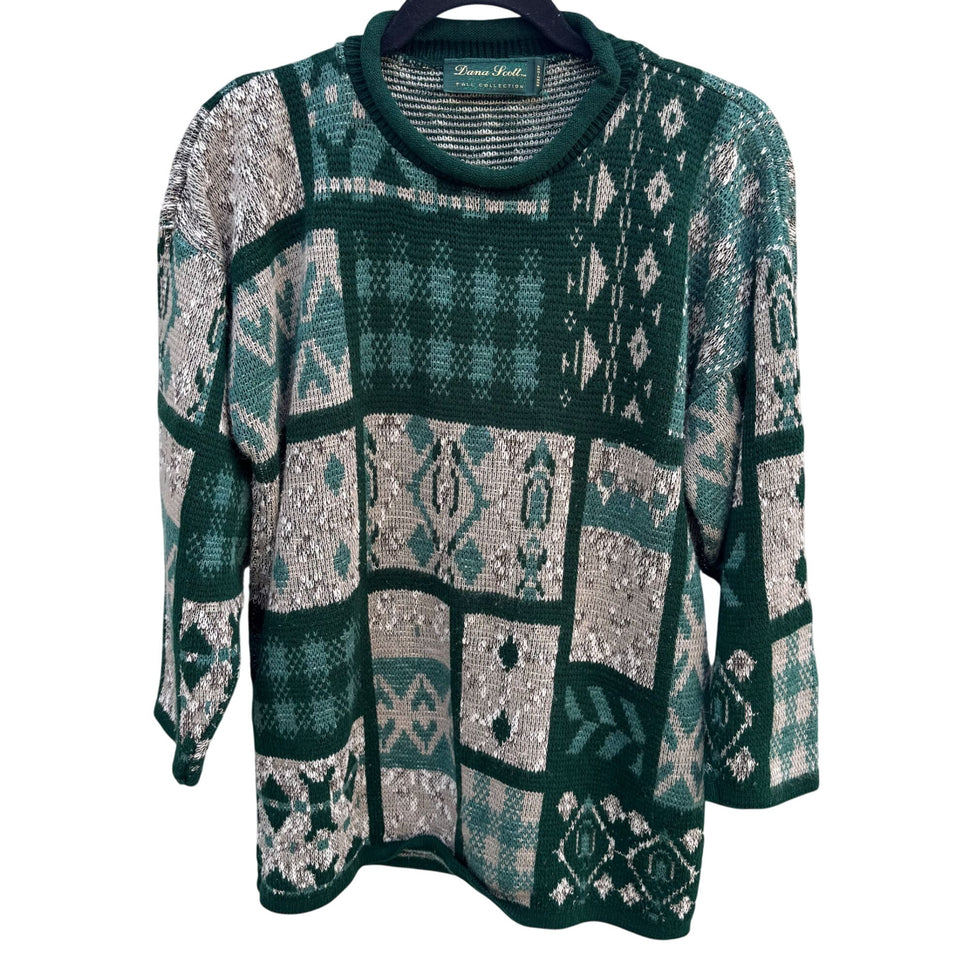 Dana Scott Vintage Fall Collection Rolled Neck Patchwork Knit Sweater Green M
