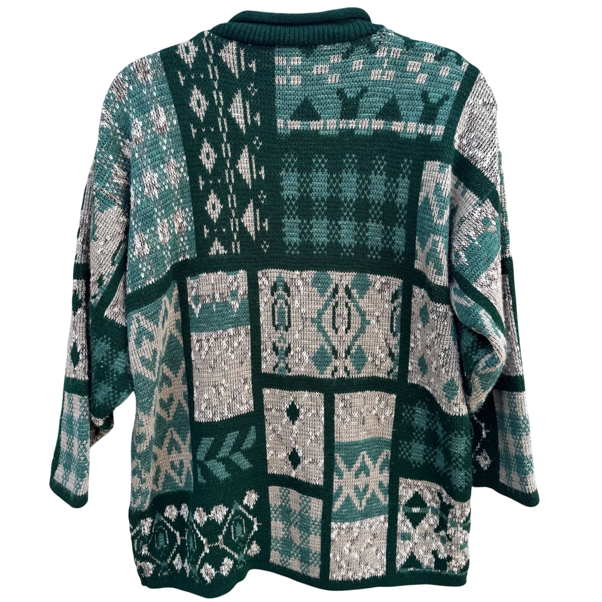Dana Scott Vintage Fall Collection Rolled Neck Patchwork Knit Sweater Green M