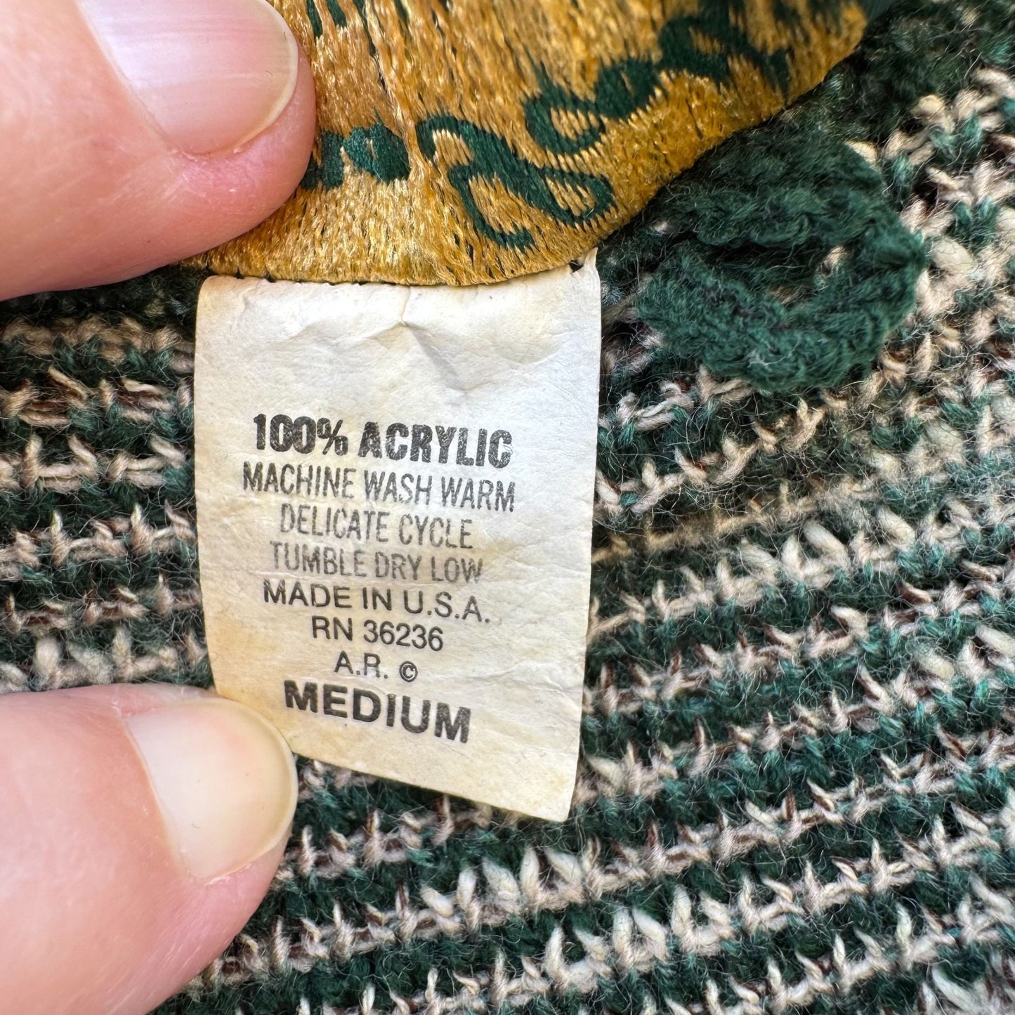 Dana Scott Vintage Fall Collection Rolled Neck Patchwork Knit Sweater Green M