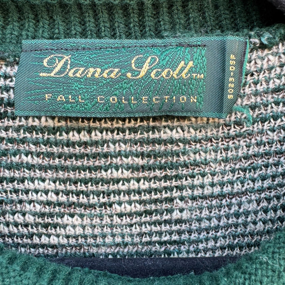 Dana Scott Vintage Fall Collection Rolled Neck Patchwork Knit Sweater Green M