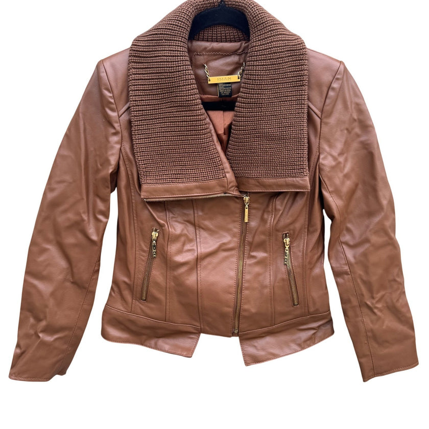 IMAN Womens Cognac Brown Genuine Leather Moto Jacket Knit Collar Gold Zip XS