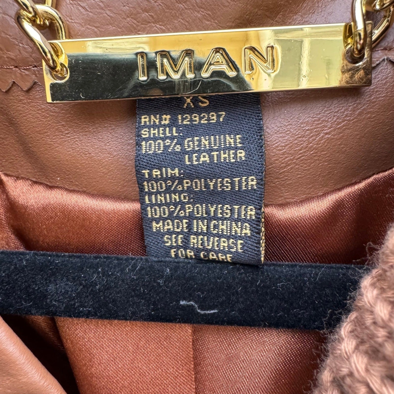 IMAN Womens Cognac Brown Genuine Leather Moto Jacket Knit Collar Gold Zip XS