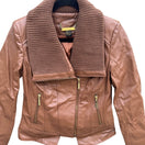 Switch IMAN Womens Cognac Brown Genuine Leather Moto Jacket Knit Collar Gold Zip XS 3 image