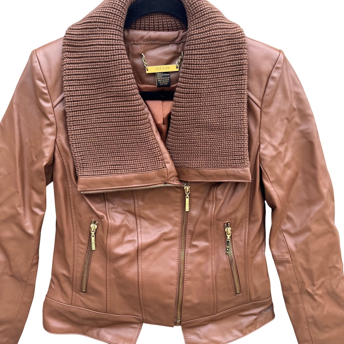 IMAN Womens Cognac Brown Genuine Leather Moto Jacket Knit Collar Gold Zip XS
