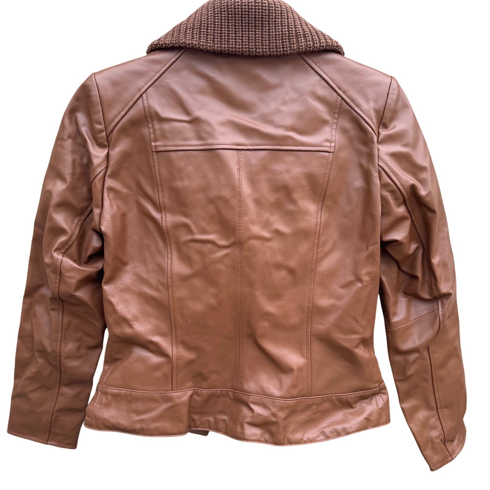 IMAN Womens Cognac Brown Genuine Leather Moto Jacket Knit Collar Gold Zip XS