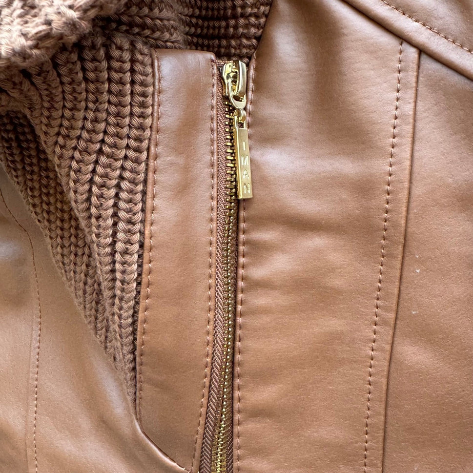 IMAN Womens Cognac Brown Genuine Leather Moto Jacket Knit Collar Gold Zip XS